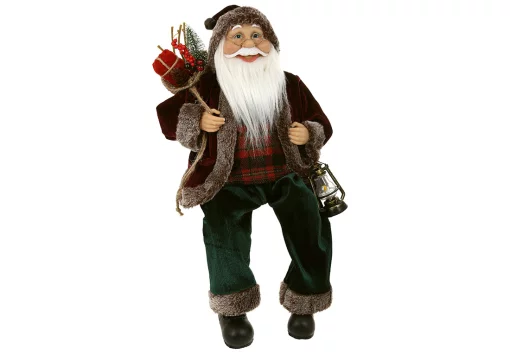 Новорічна фігура Сидячий Санта з ліхтариком 45см, колір - пурпурний з темно-зеленим