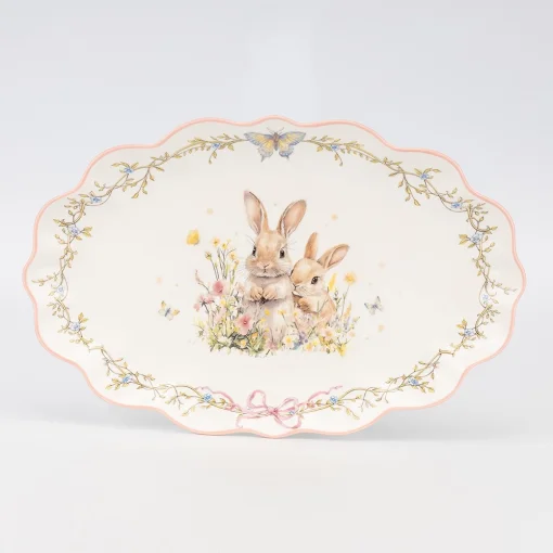 Блюдо "Пара кроликів у квітковому полі", біле, 33*20 см, кераміка