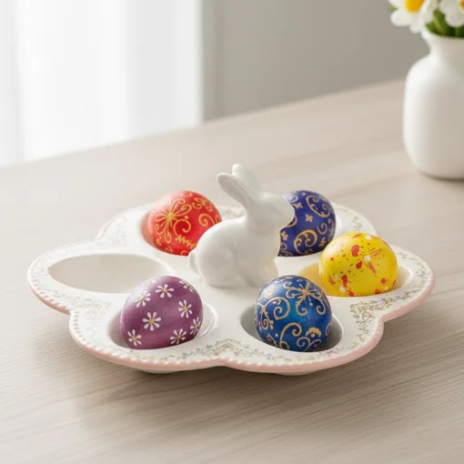 Підставка для 6 яєць "Кролик з квітами", біла, 25*9 см, кераміка